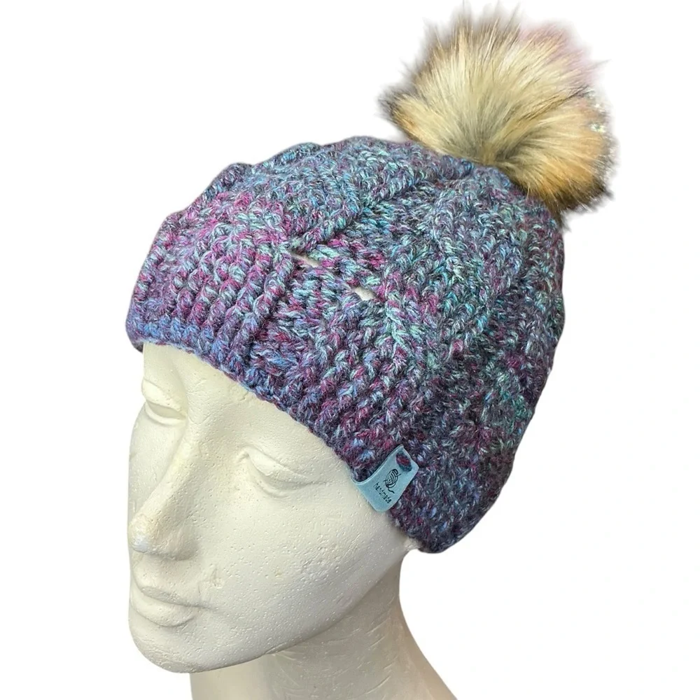 Cable Knit Crochet Beanie Hat Handcrafted With Faux Fur Pom Handmade Purple Blue